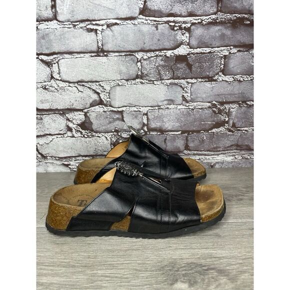 Think! Black Leather Cork Sun Moon Silver Wedge Sandals Women Sz 37EU/6.5M US - Picture 15 of 16
